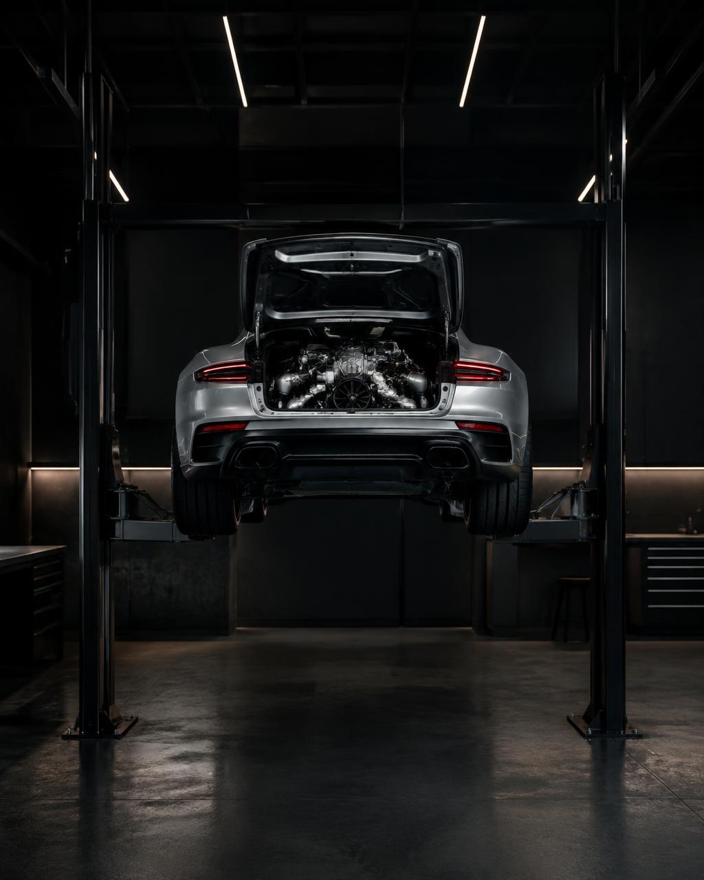 Porsche on a workshop lift